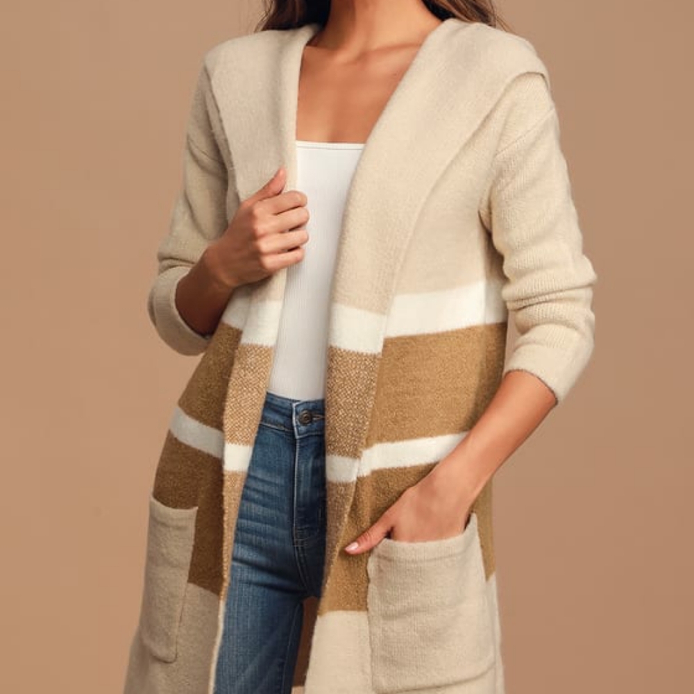 Carlsbad Tan and Beige Hooded Cardigan Swe…